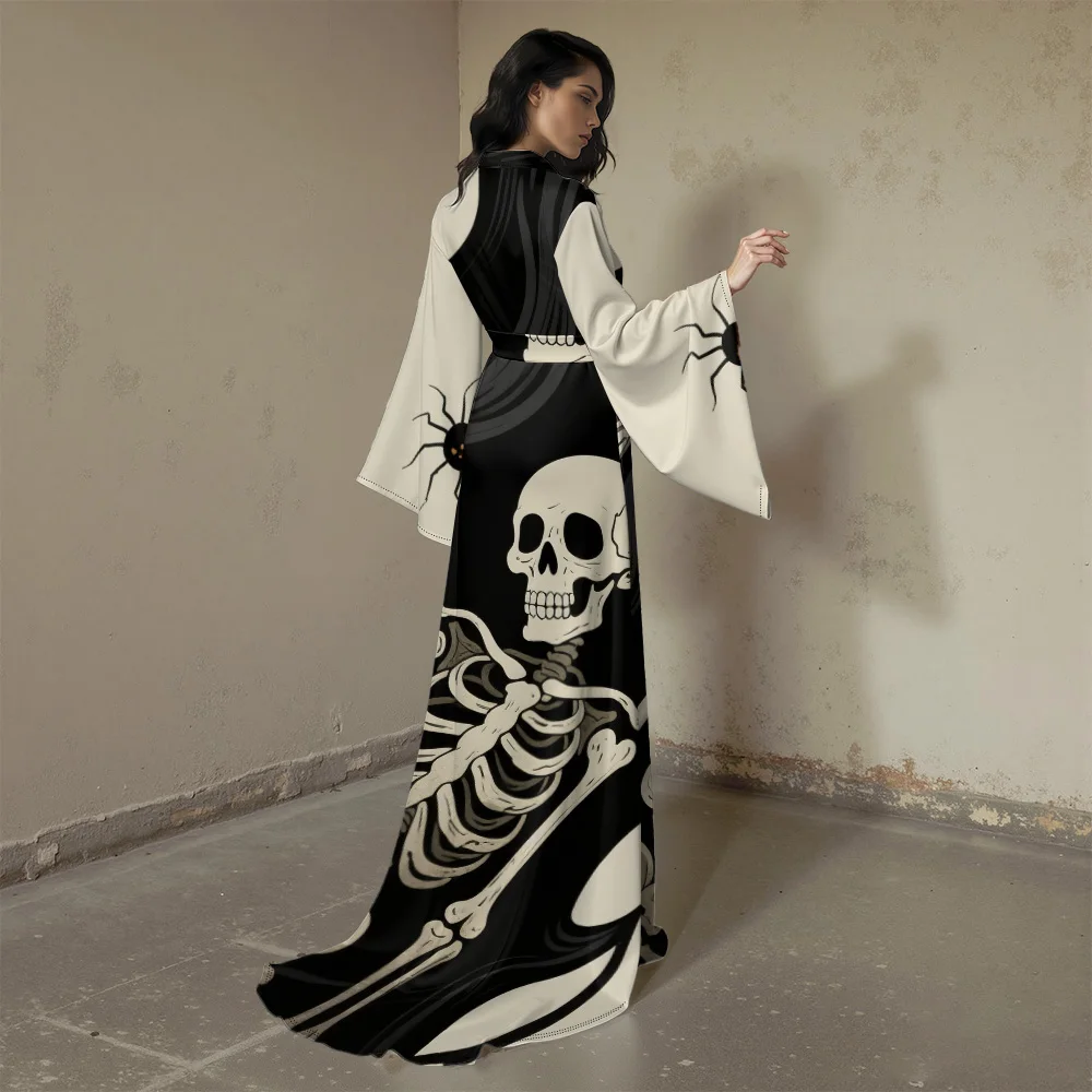 

Elegant High-Slit Fantasy Robe for Women Gothic Style Party Wear Skeleton Halloween Robe Long Sleeve V-Neck Long Robe Cosplay