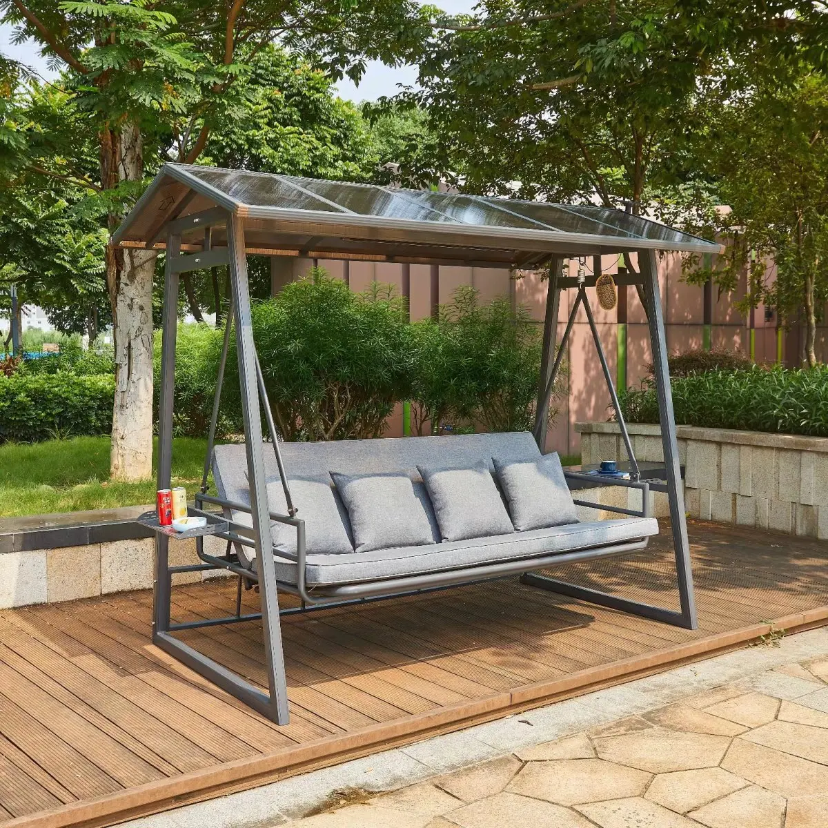 Swings Garden Swing Set Beach Solar Energy Metal Courtyard Balcony Patio Wrought Cast Aluminium 3 Seater Swing Chair