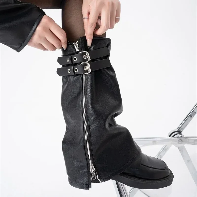 

Metal zipper leg cover, punk style, locomotive style, leather, black socks for women