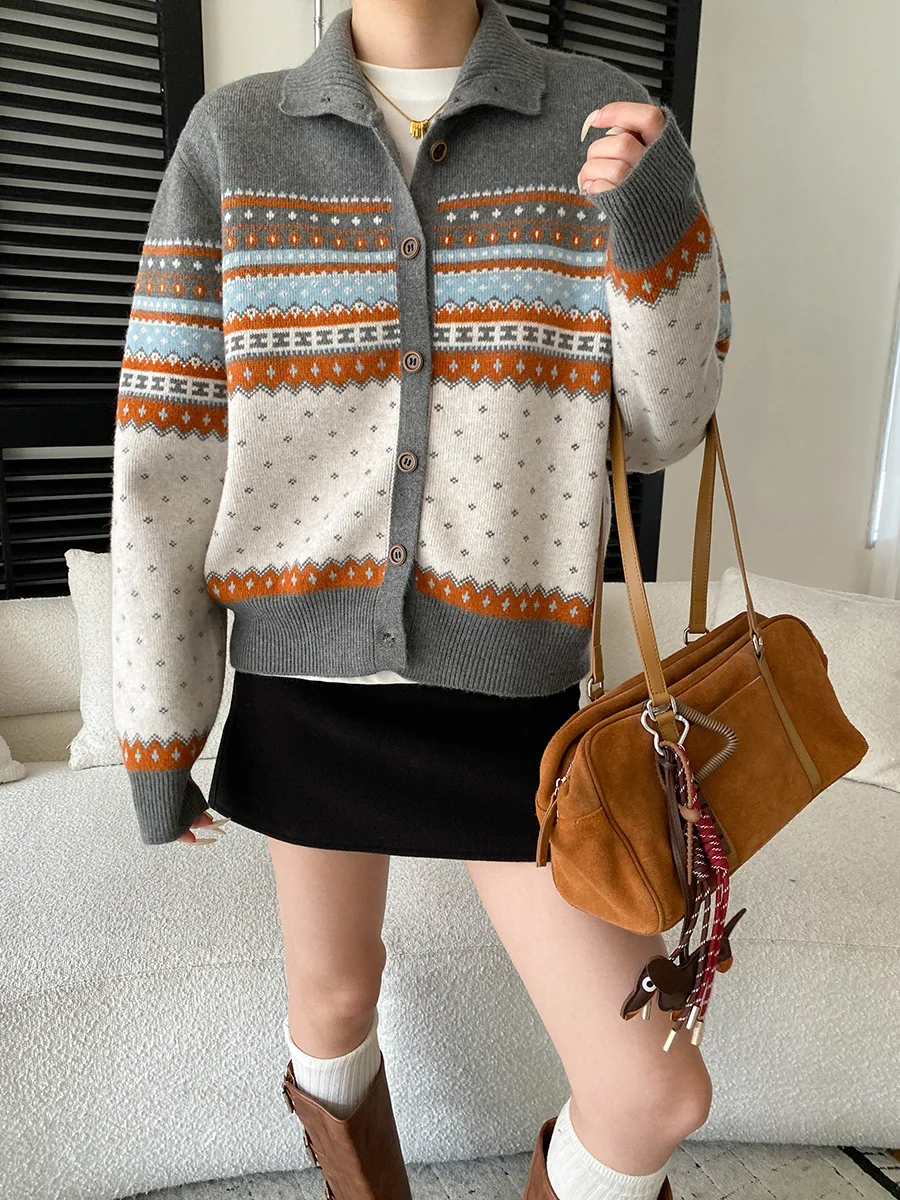 

Весенний женский жаккардовый свободный и ленивый свитер с высоким воротником в стиле ретро, вязаный кардиган