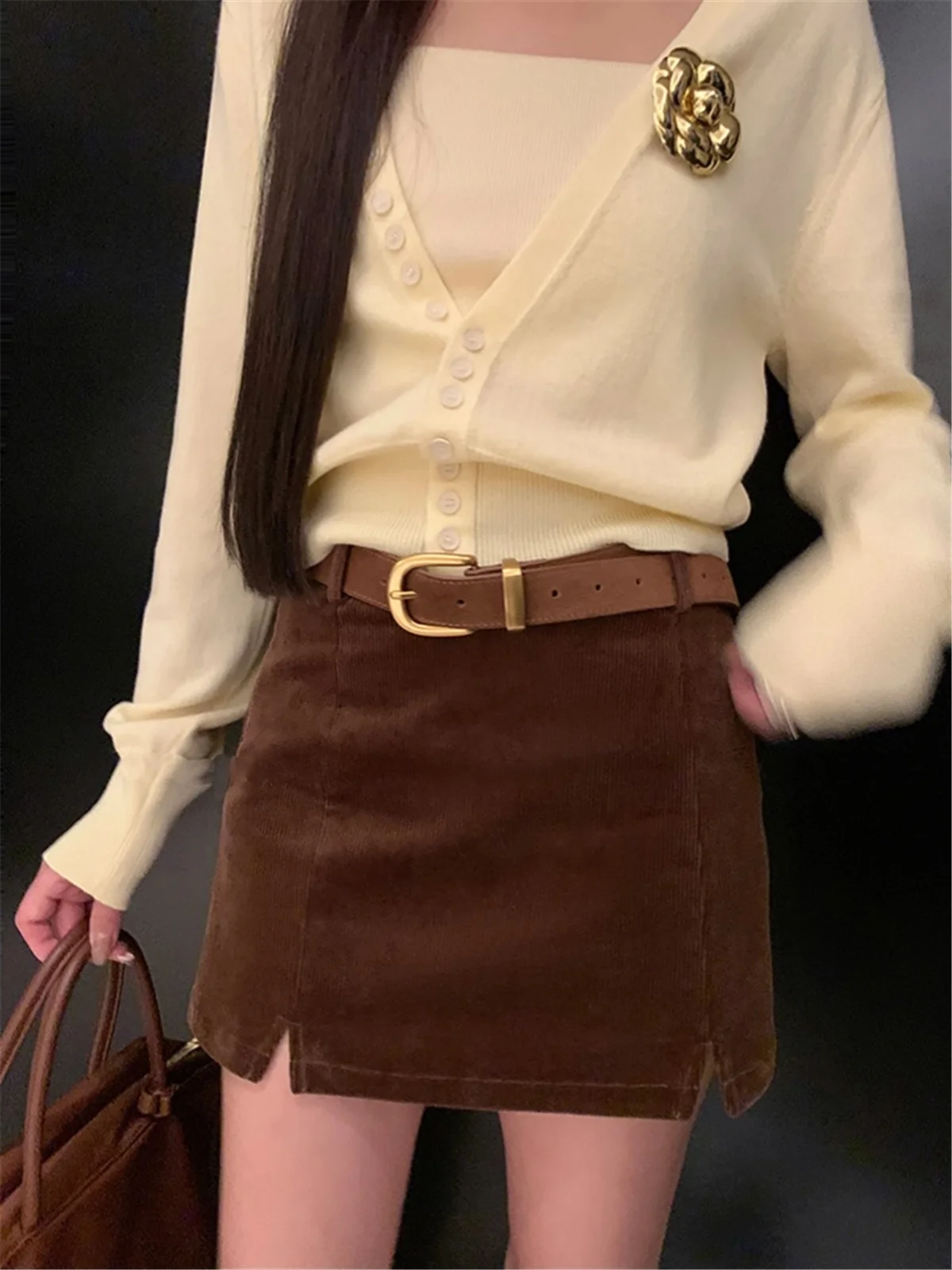 Mini Skirts For Woman Kawaii Pencil Skirt Korean Knitted Skirt Y2k Luxury Bottoms Corduroy Skirts Slit Brown With Satfy Shorts