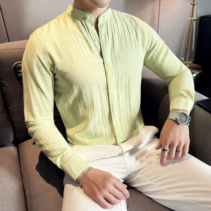 Men Linen Shirt, Chinese Standing Collar, 2024 Summer New Light and Thin Long Sleeved Shirt, Fashionable and Casual Men Clothing