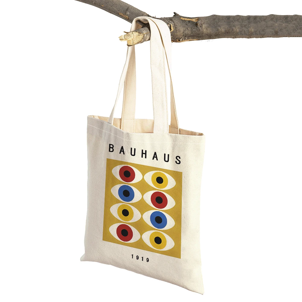 Vintage Art Child Shoulder Shopper Bag Bauhaus Exhibition Unique Women Shopping Bags Double Print Casual Lady Linen Handbags