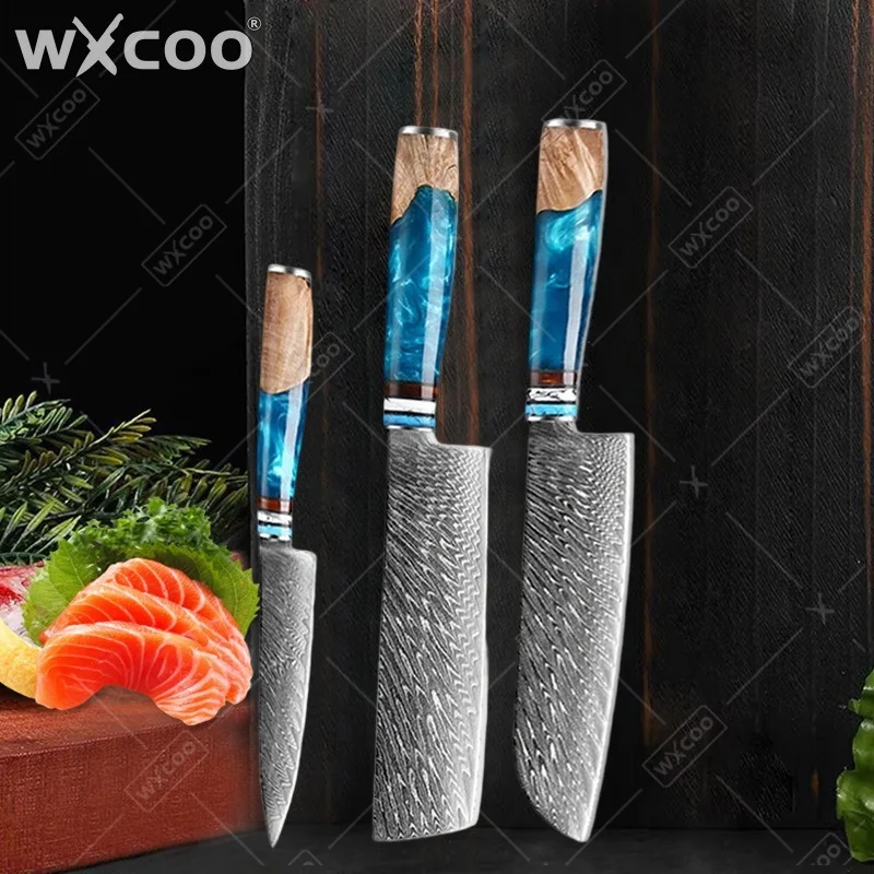 WXCOO 1-6-teiliges Damaszener Stahl Küchenmesser-Set Professionelles Japanisches Santoku-Messer Obst-Schälmesser Allzweckmesser mit Blauem Harzgriff Set