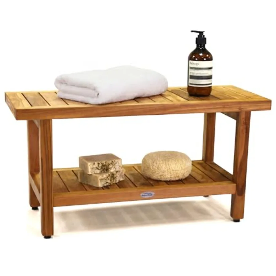 

36 Spa Teak Shower Bench with Storage Shelf - Durable Water Resistant Shower Stool - Natural Wood Color - Indoor Outdoor Use -