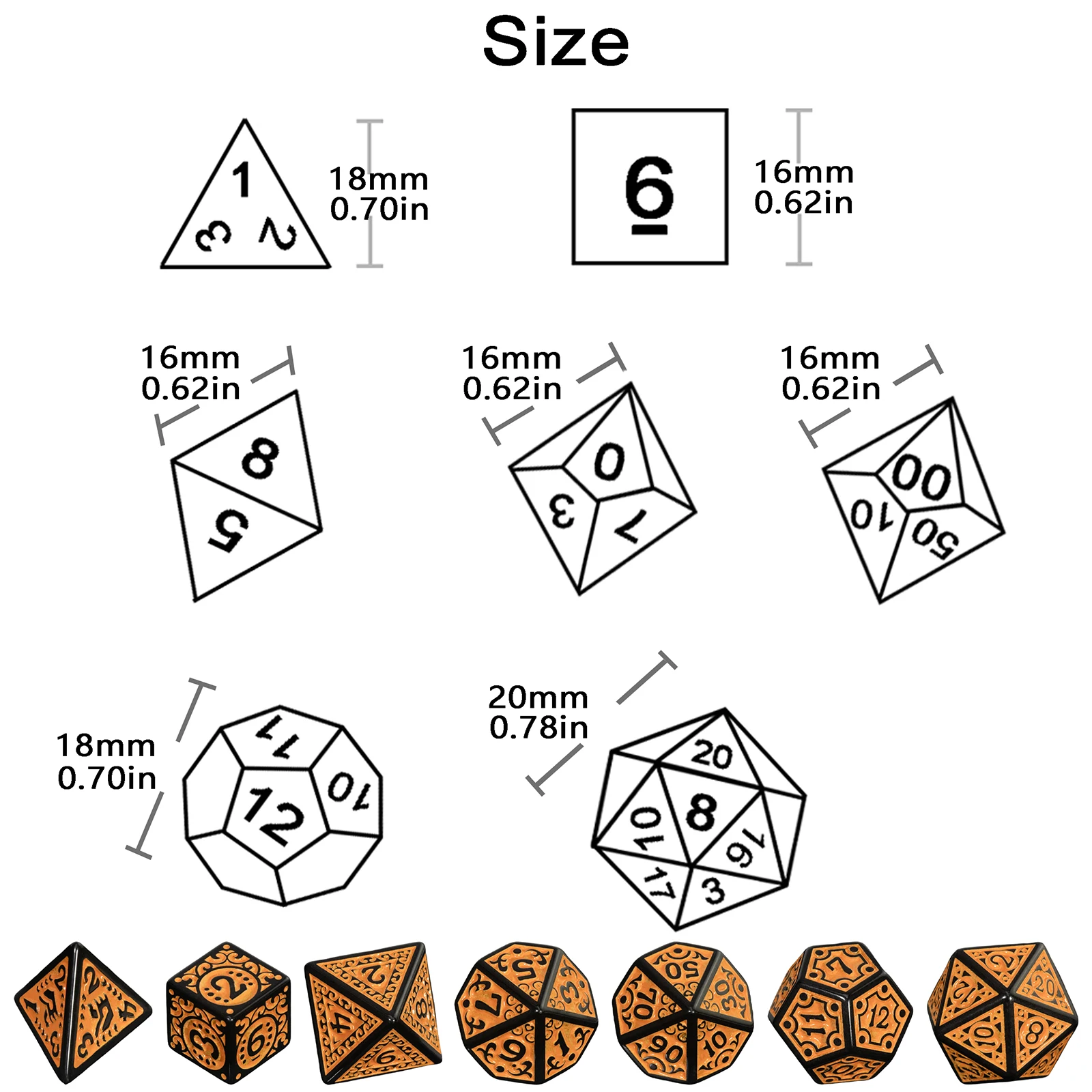 Polyhedron Digital Dice Set Engraved with Textures Pattern Dice 7pcs D4-D20 for D&D Game and Funny Entertainment Board Games