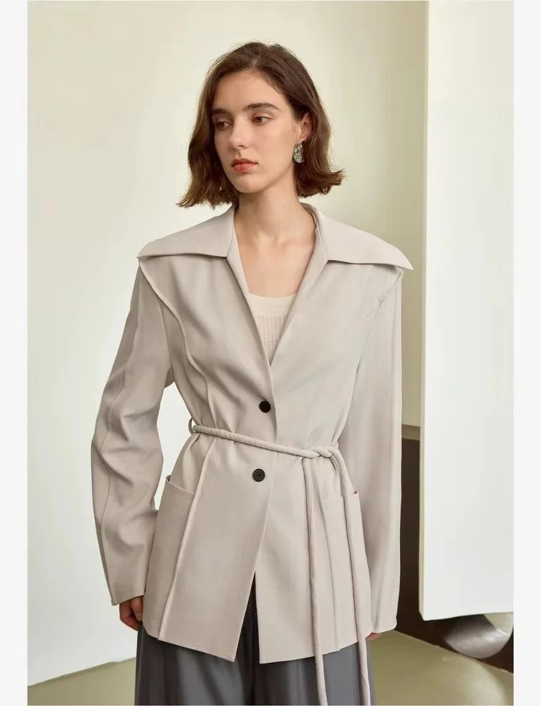 Autumn Women's Loose-Fit Blazer Coat with Waist Drawstring Tailored Sailor collar Long Sleeve Solid Color Blazer for Office