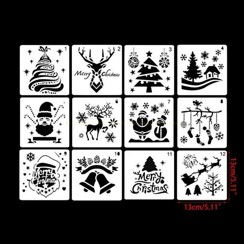 แพ็ค 12 ขนาดเล็ก Hollow-OUT คริสต์มาสภาพวาด PET ลายฉลุชุด DIY Graffiti เครื่องมือ
