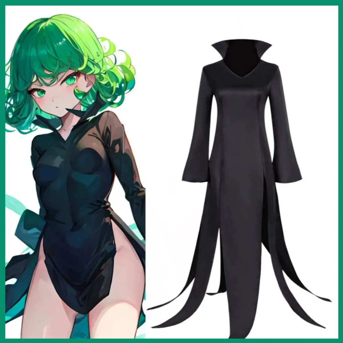 أنيمي واحد لكمة رجل تأثيري حلي سوداء طويلة الأكمام تنفيس فستان أخضر شعر مستعار الكبار امرأة كرنفال حفلة ملثمين الكرة فستان