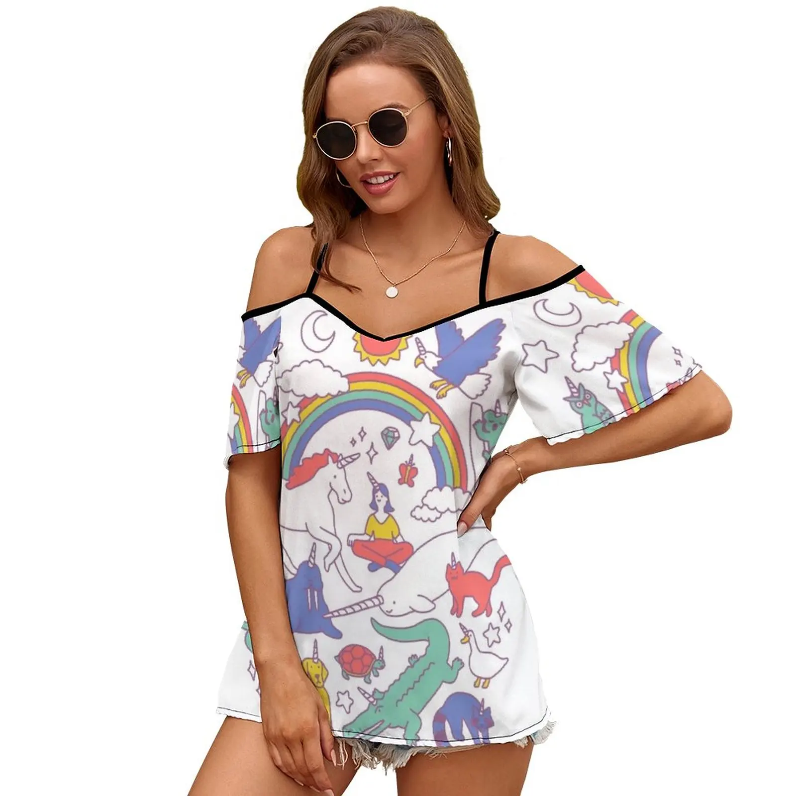 ¡Los unicornios! Camiseta de mujer con estampado Floral de moda de verano, camiseta con cremallera y cuello en V, jersey hueco, Top para mujer, unicornios bonitos