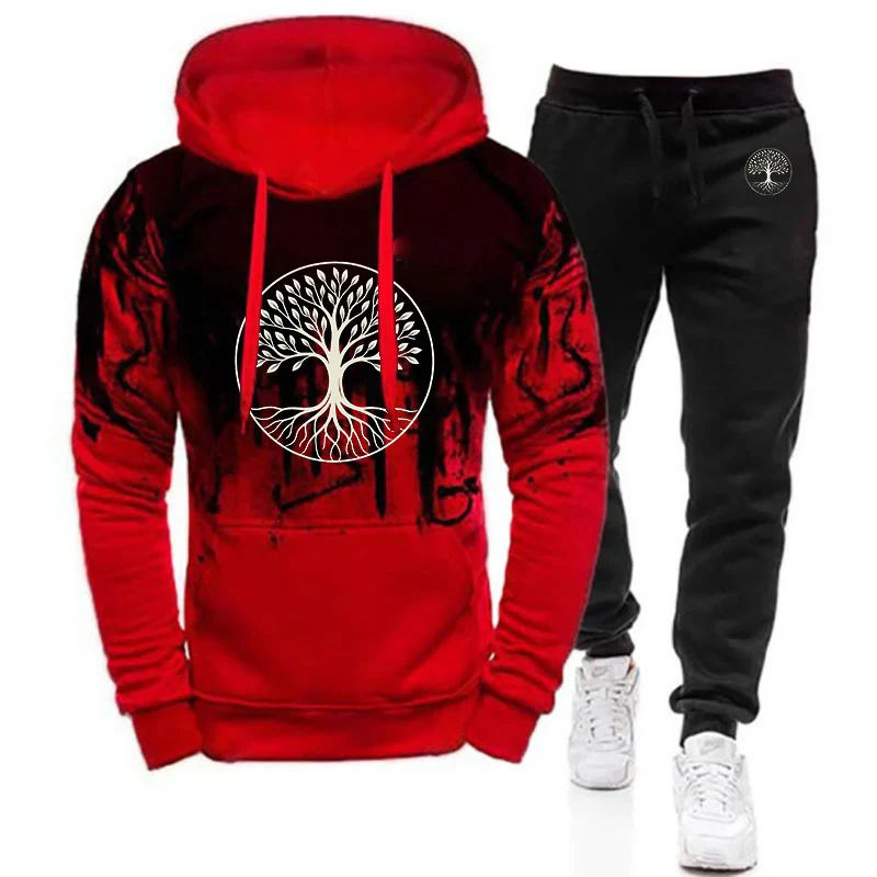 2026 Spring And Autumn Trees Pattern Print Men's New Gradient Color Set Fitness Hoodie + Casual Sweatpant Suit