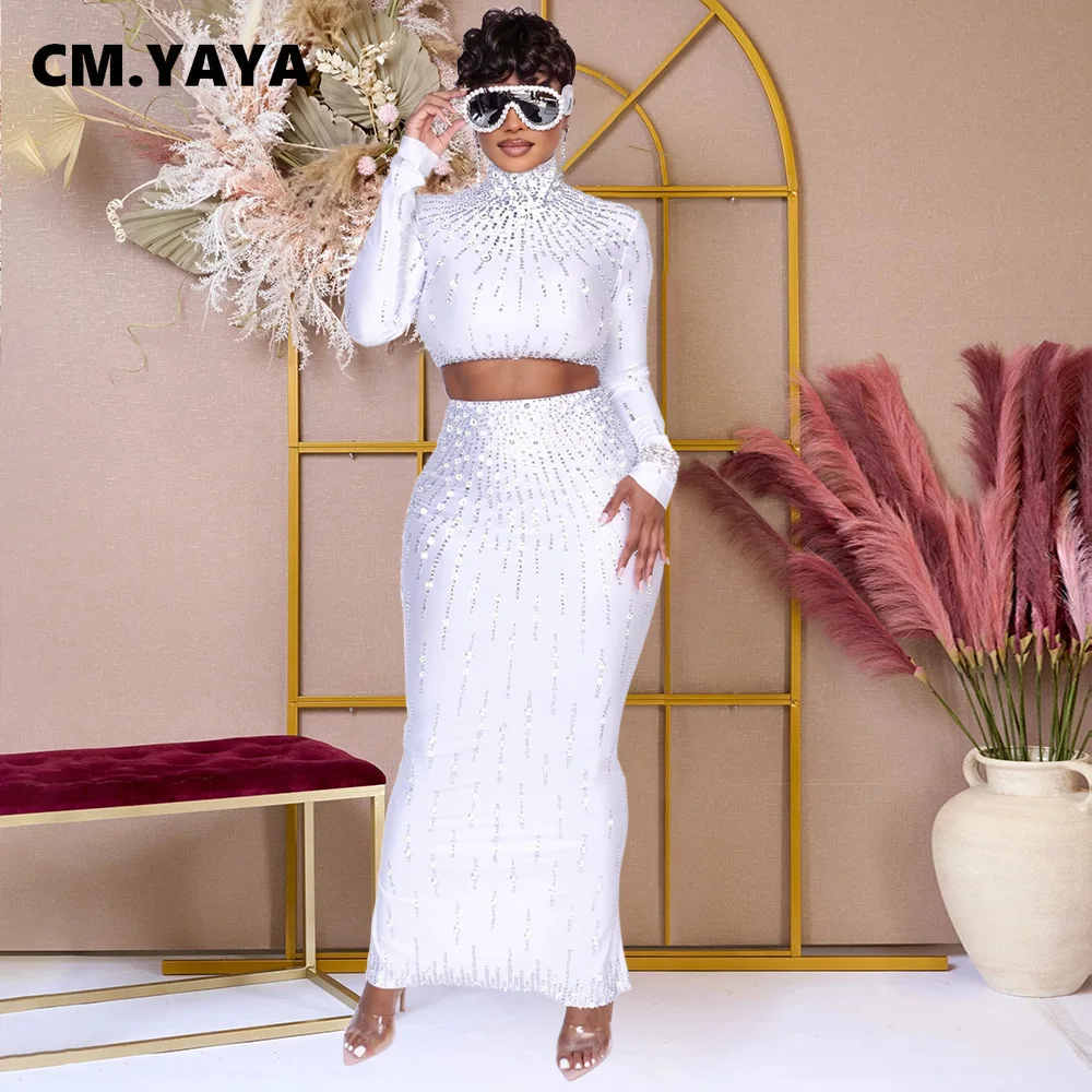 CM.YAYA مجموعة النساء الشارع طويلة الأكمام طباعة المحاصيل القمم + عالية الخصر التنانير الطويلة الدعاوى مثير حفلة عطلة قطعتين مجموعات فستان #5