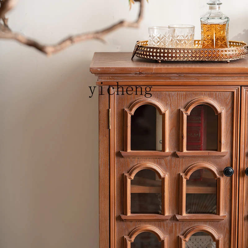 

ZC retro solid wood dining side cabinet household living room against the wall sofa small side cabinet antique art arch locker