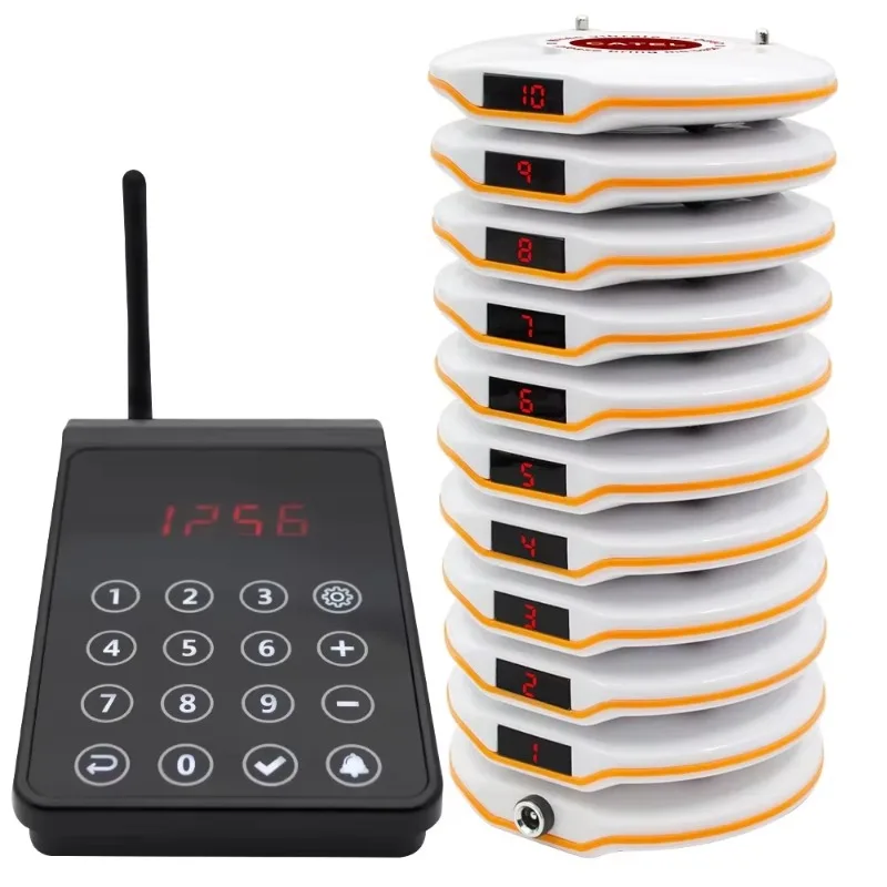 White Color Restaurant Pager System Waiter Calling System Queue Buzzer Wireless Paging System with 10 Pagers