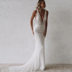 Vestido De Novia con escote en V y Espalda descubierta, traje Sexy sin mangas con Apliques De encaje De sirena, hasta el suelo, exquisito, 2023, 2024