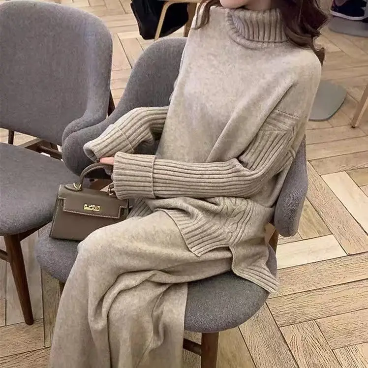 Women Winter Sweater Sets Solid Twist Jacquard Loose Pullover Top + Rolled-up Wide-leg Pants Suits Knit Trousers 2 Piece Sets