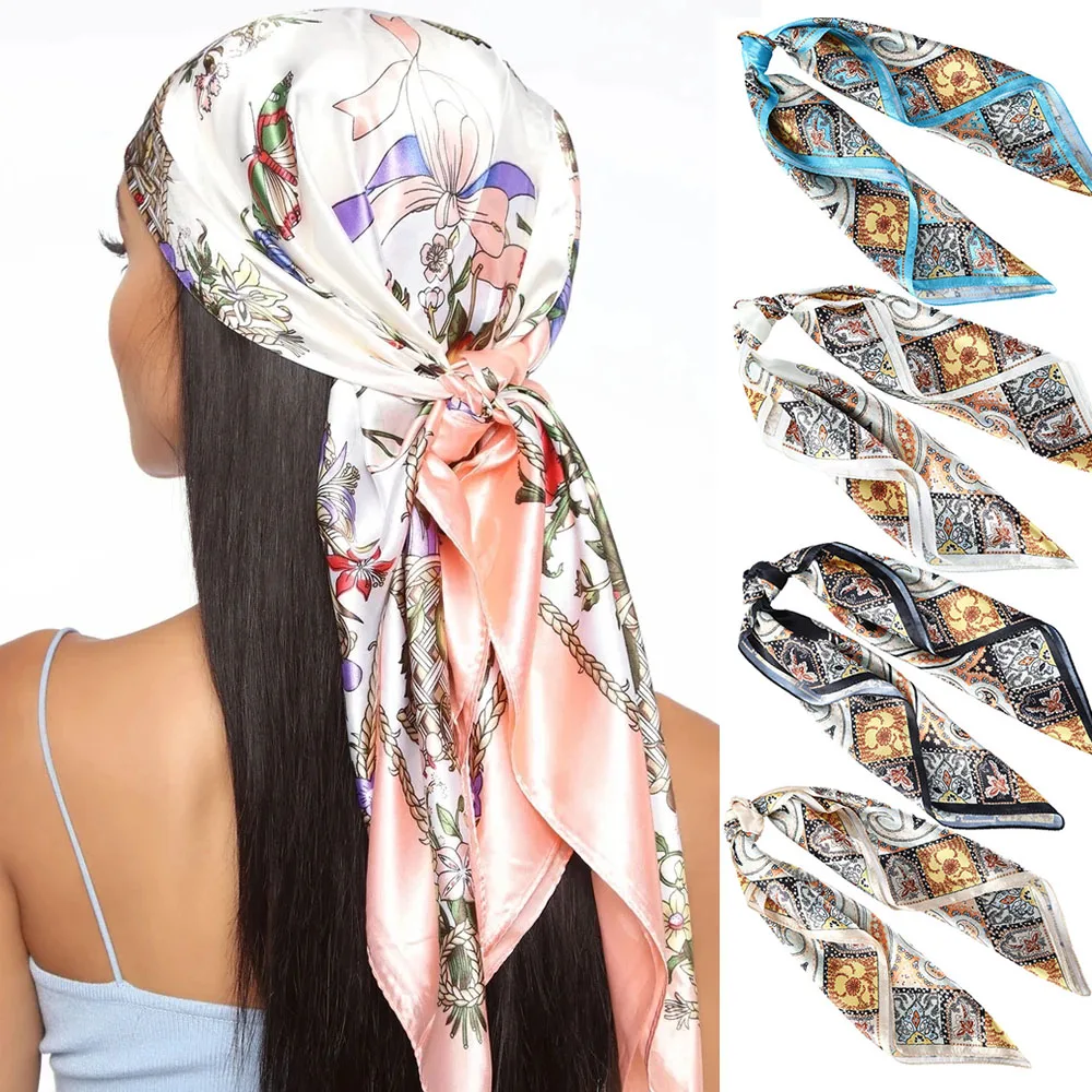 Summer Vintage Print Square Scarf Hair Bands Beach Bandana Hair Scarf Fashion French Headbands for Women Girl Hair Accessories