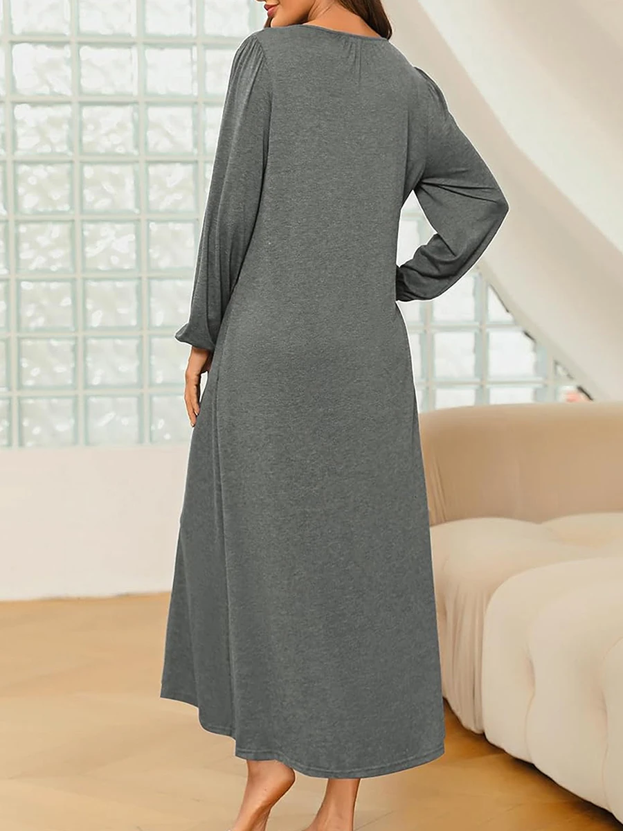 Women Long Nightgown Long Sleeve Sleepshirts Oversized Henley Gray Black Sleep Dress with Pockets Loungewear for Casual Daily