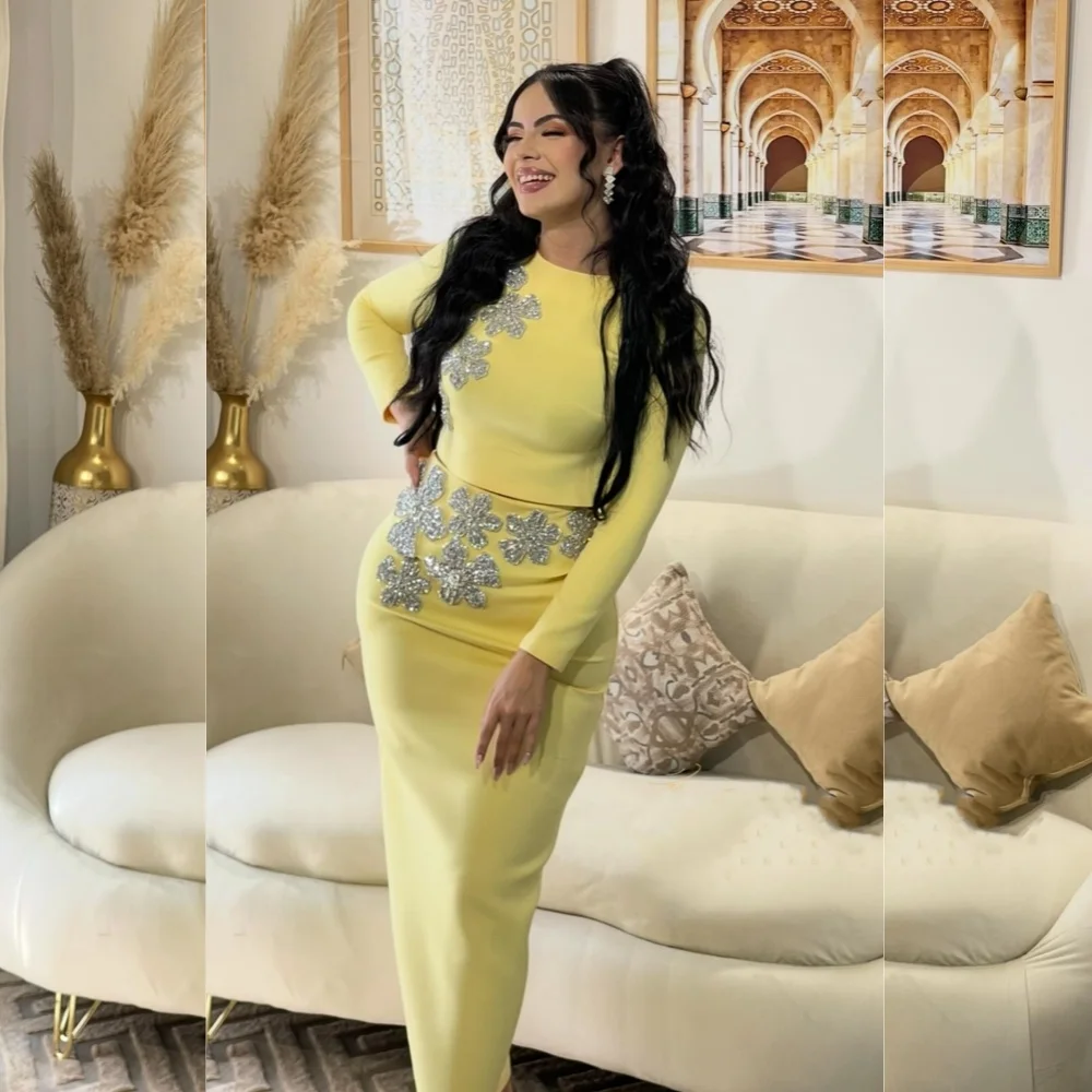 Customized Matching Jersey Sequined Flower Pleat Column O-Neck Midi Dresses Bespoke Occasion Exquisite Fashion
