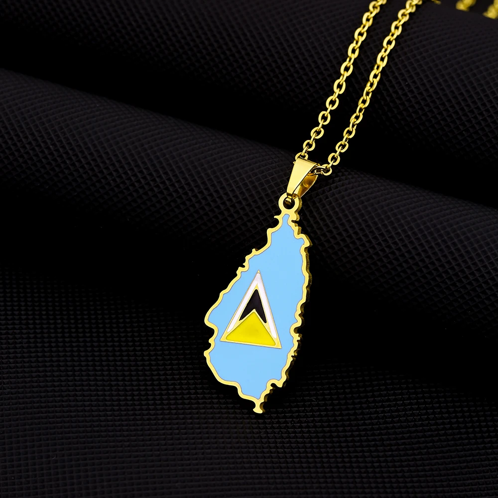 Fashion Saint Lucia Island Map Flag Pendant Necklace Stainless Steel Men Women Maps Jewelry Gift