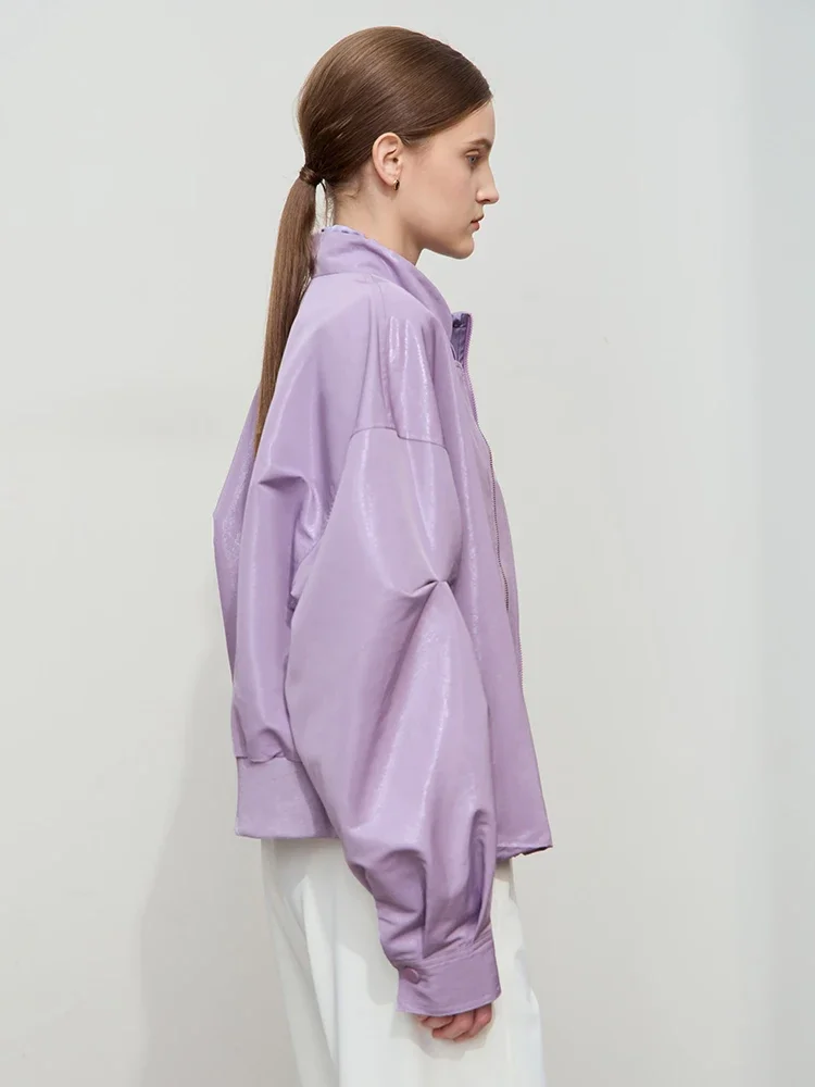 Amii Minimalist Spring Silky Glossy Casual Loose Double Neck Fake Two Piece Shoulder Long Sleeve Zipper Short Jacket 12541059