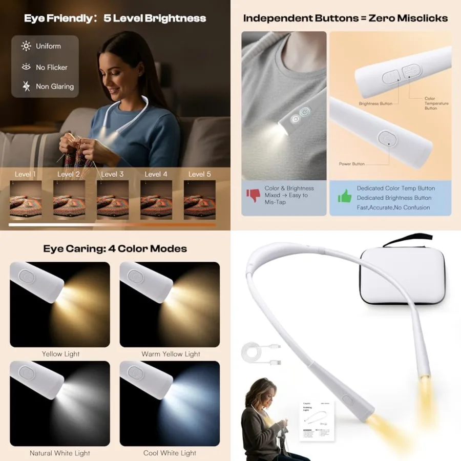 

Caydo Knitting Light with Storage Bag, 4 Colors and 5-Step Brightness Neck Light, Book Light for Reading and Crocheting, Around