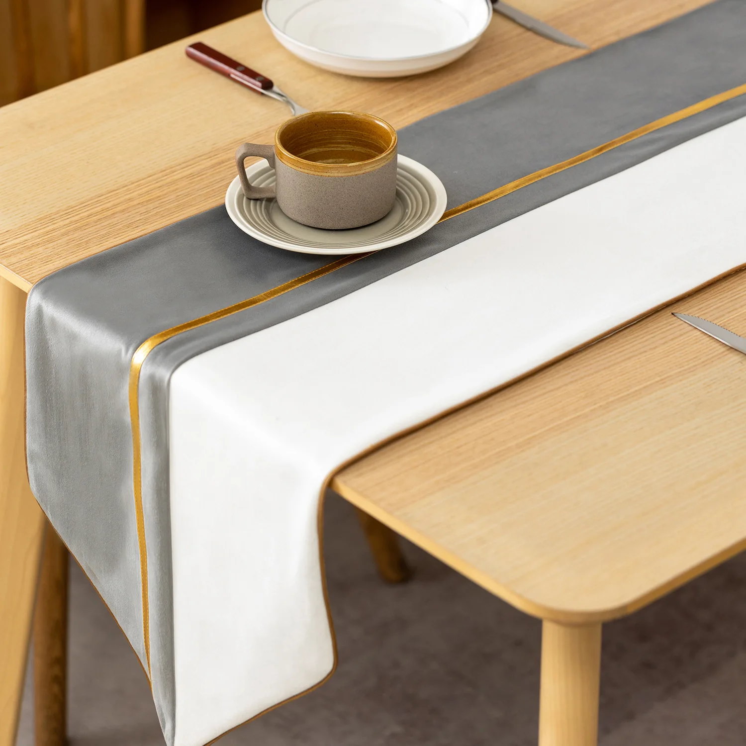 Picture 7: Velvet Table Runner Modern Luxury Golden Stripe Two-color Splicing Table Runner Dining Table Coffee Table Decor Gray Yellow