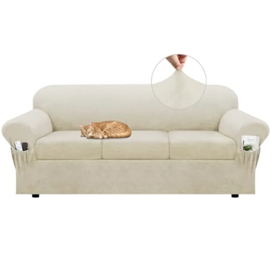 

Sofa Slipcover with Armrest Pockets 4-Piece Set, Stretch Faux Leather Couch Cover for - Couches Fits 7-9" - Non-Slip, Machine W