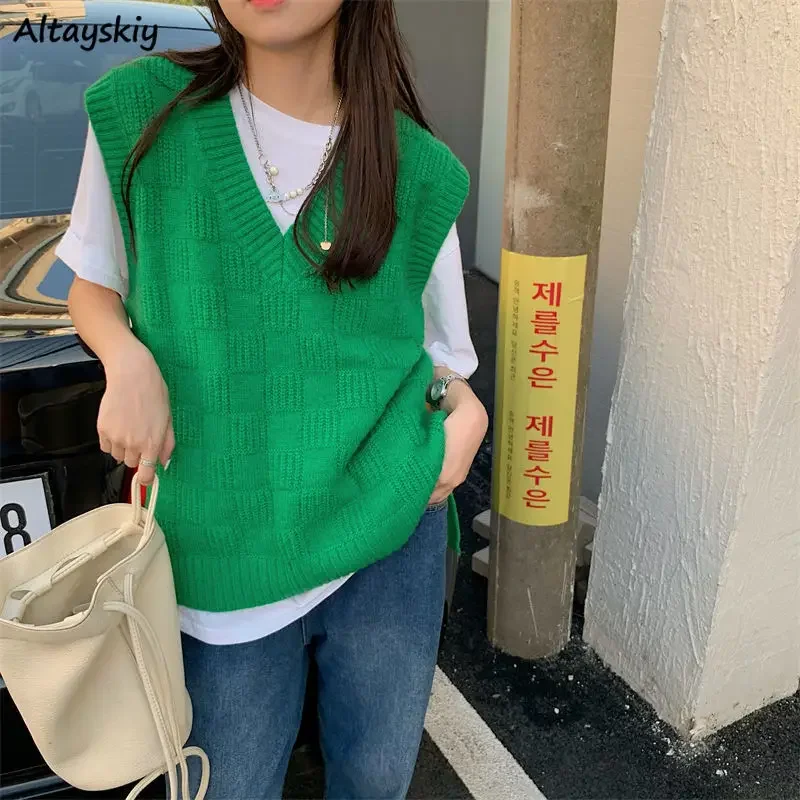 Women Sweater Vests Vintage Green Streetwear Artsy Design Vibe Tricot Y2K Sleeveless Jumpers V-neck Sueters Teens Ins Boyfriend