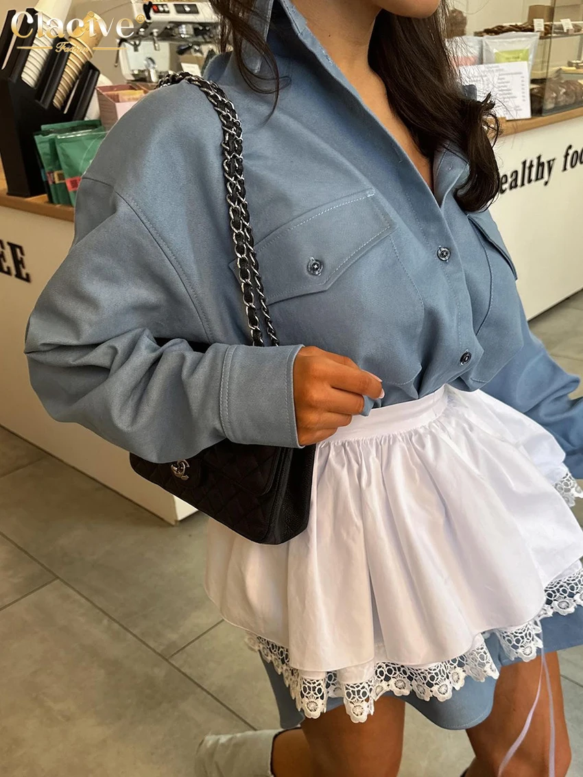 Clacive Fashion Loose Blue Denim Women\'s Two Pieces Set 2025 Elegant Long Sleeve Blouses With High Waist Mini Skirt Set Female