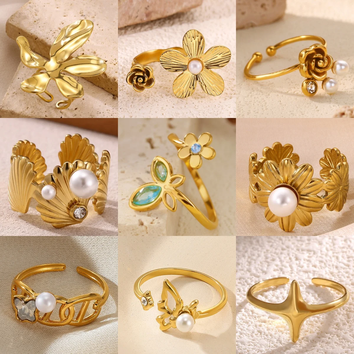 Elegante Imitationsperlen-Blumen-Damenringe, 18 Karat vergoldeter Edelstahl, Zirkonia, geometrische Muschel, Vintage-Schmuckring