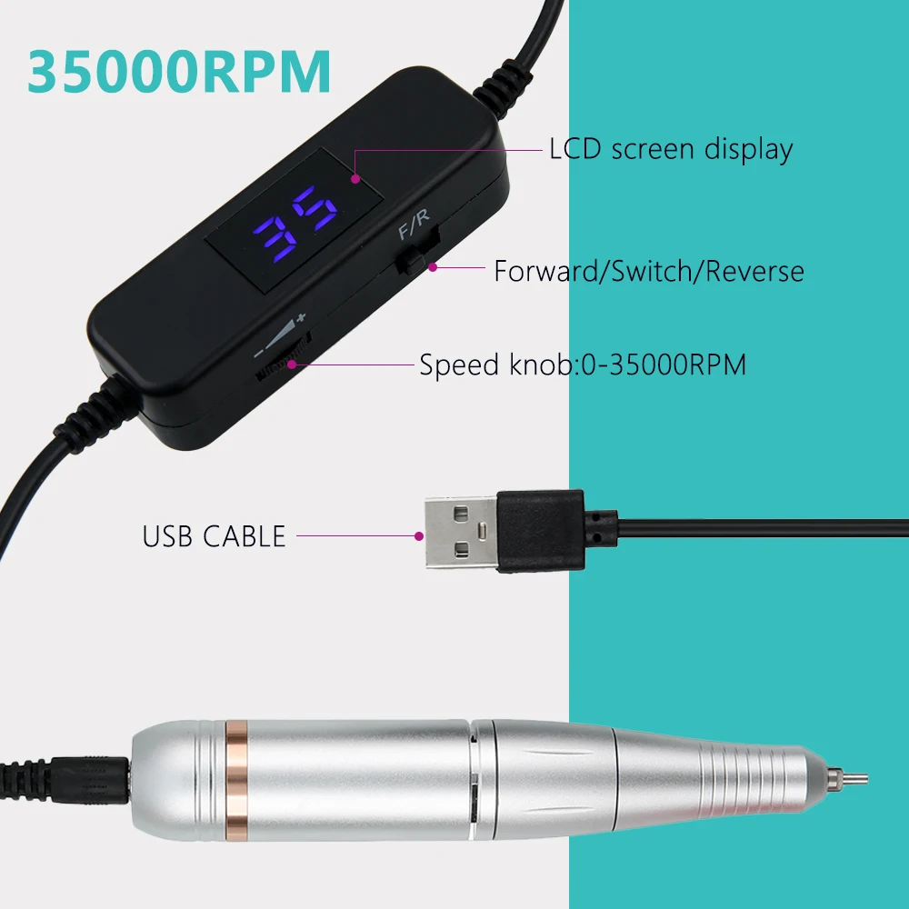 Przenośny pilnik elektryczny do paznokci 35000 obr./min, zasilany przez USB, polerka do paznokci, maszynka do manicure do użytku domowego i salonu.