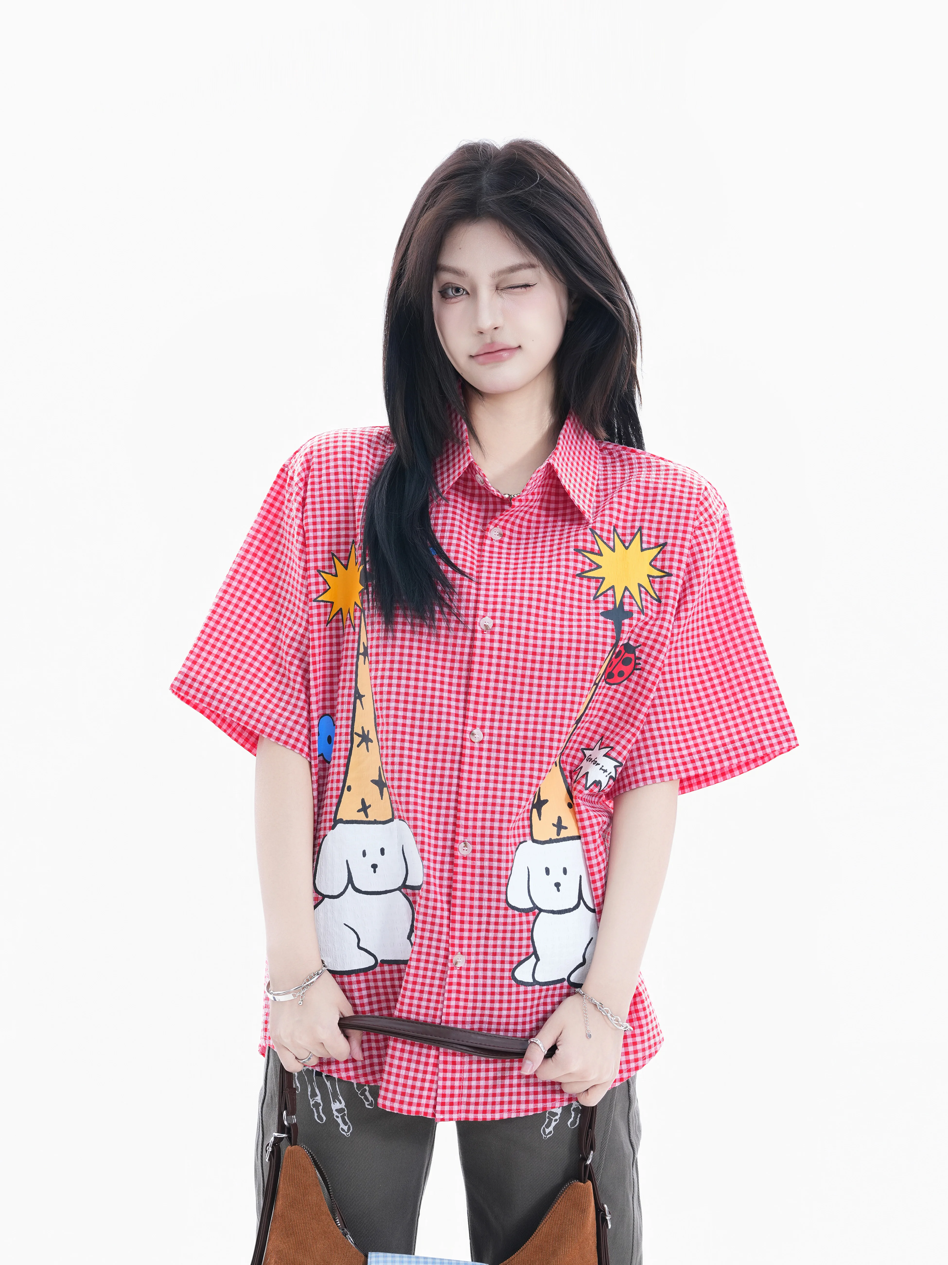 

Small Ball American Plaid Dog Print Short Sleeve Loose Women's Shirt Casual Style Cotton Blend Couple's Shirt Sweet Cool Design