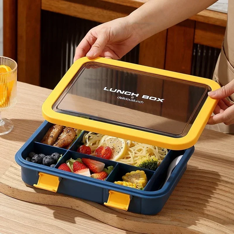 1500ML Portable with Grid Division Lunch Box Kids Students Office Bento Box with Fork and Spoon Microwave Food Storage Container