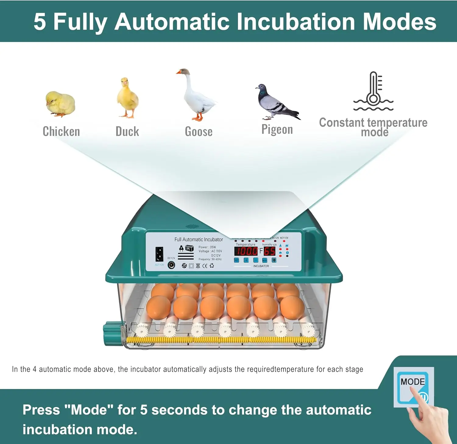 

Automatic Plastic Incubator Egg Turning Humidity Monitoring 4 Incubation Modes-for Chicken Duck Hatching 36 Egg Capacity