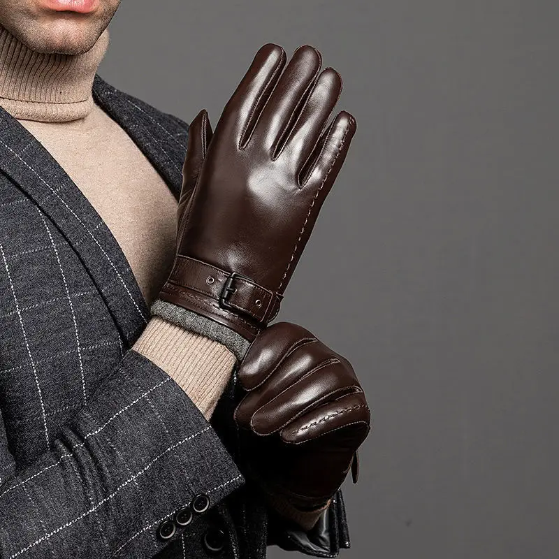 Winter Genuine Sheepskin Leather Gloves for Men Warm Touchscreen Texting  Driving Bike gants moto Warm Fleece Gloves Gentleman