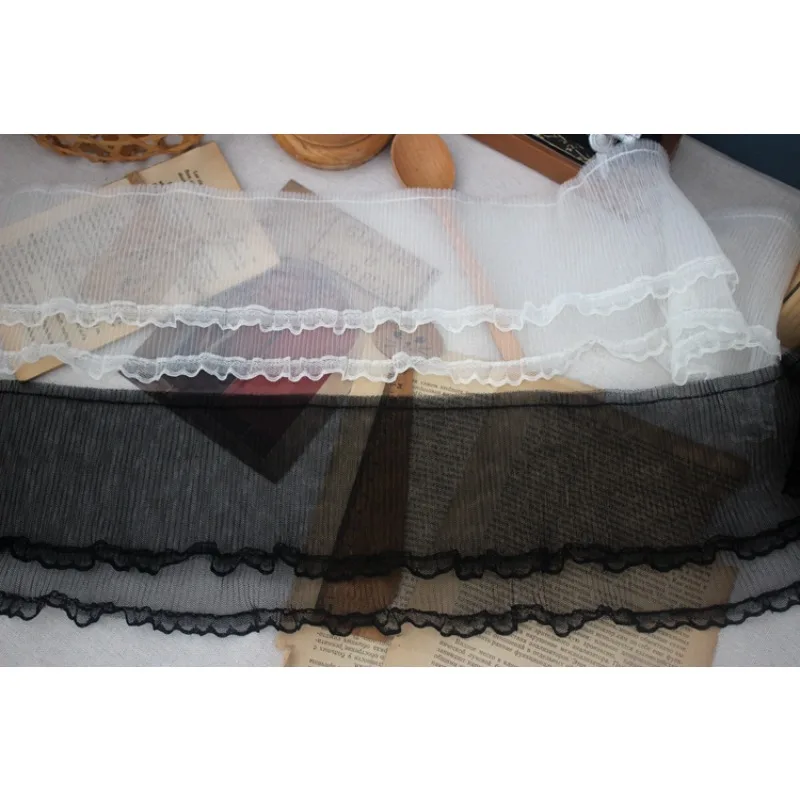 (1 yards/roll) White and black lace fabric 2024 high quality double-layered skin-friendly pleated DIY garment stitching sewing