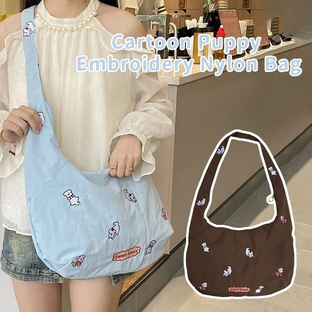 

Soft Commuting Cartoon Shoulder Bag Large Capacity Sweet Puppy Embroidery Nylon Bag Casual Korean Style Messenger Bag Students