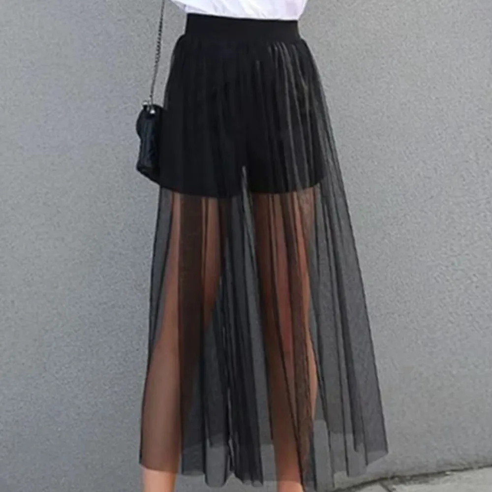 Casual Black Mesh Skirts Single Layer Long See-through Skirts Elastic Waist Transparent Gauze Skirt
