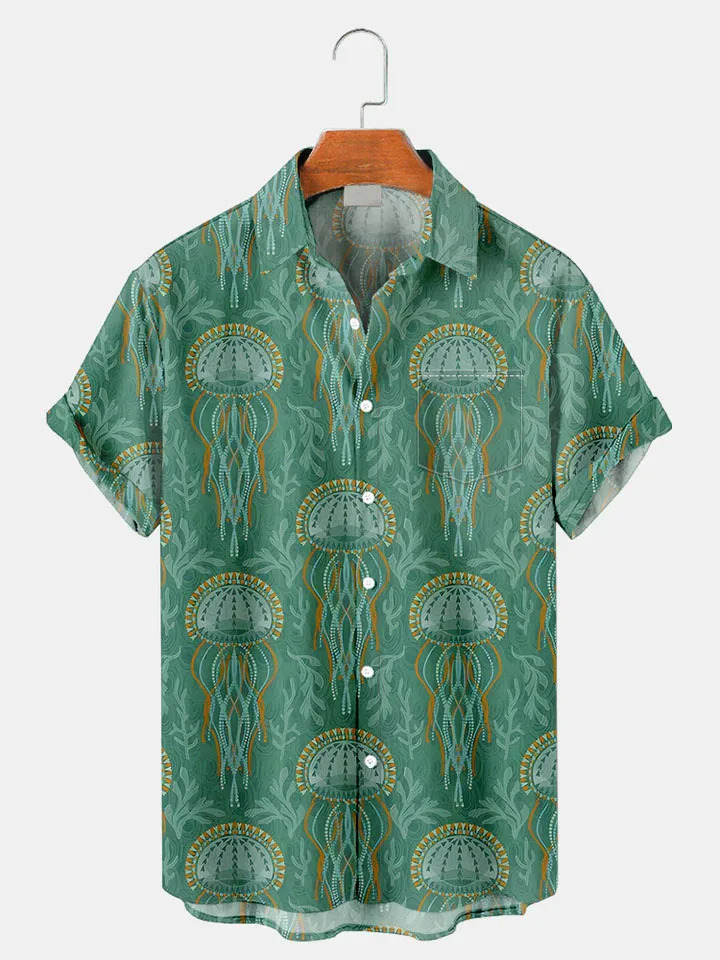 Mode Herren Casual Sea Life Grafiken Kurzarmhemd Button-Down-Revershemden Übergroße Tops Lässiges Hawaii-Hemd für Herren