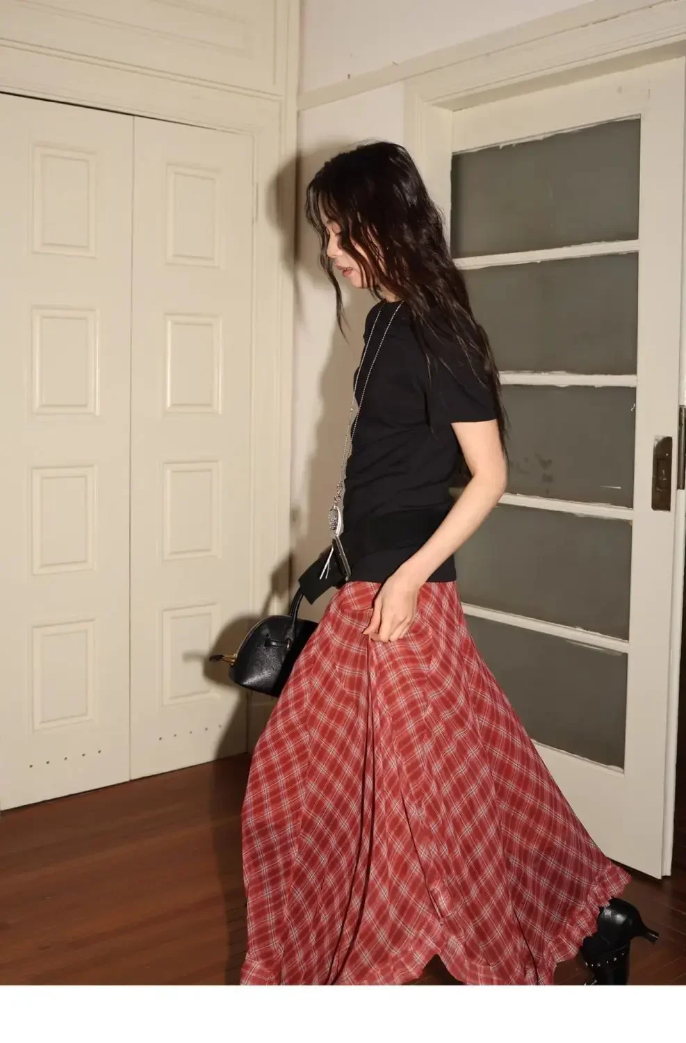 Spring Summer Vintage Two-Tone Plaid Midi Asymmetrical Hem A- Line Skirt Large Flounce Midi Length Silk Half Body Skirt