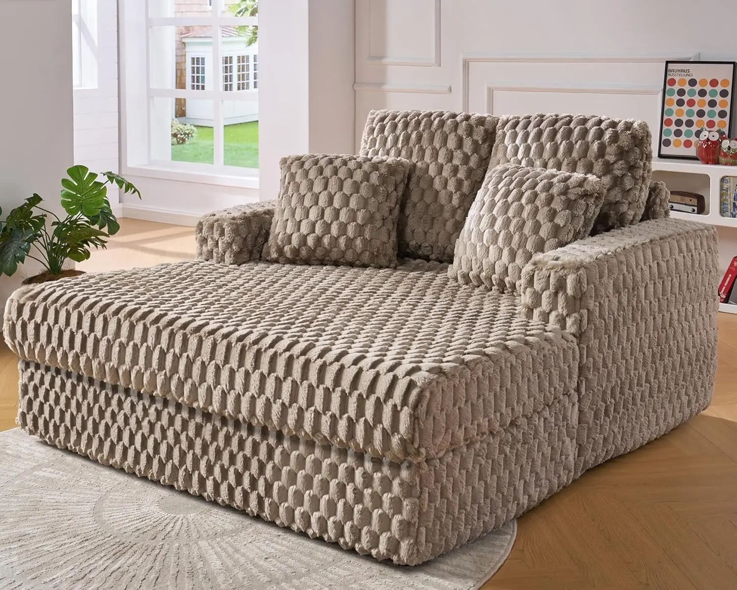 

53 Inch Chaise Lounge Indoor, Plush Sleeper Chair with Throw Pillows, Upholstered Sofa Bed with Armrests, Plush Chair Bed for L