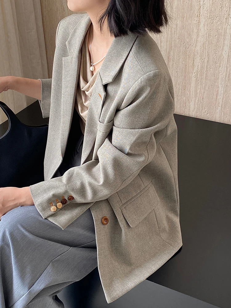 YERMORA 여성용 그레이 버클 브리프 캐주얼 블레이저 옷깃 긴 소매 느슨한 새로운 하이 엔드 자켓 패션 조수 봄 가을 2025