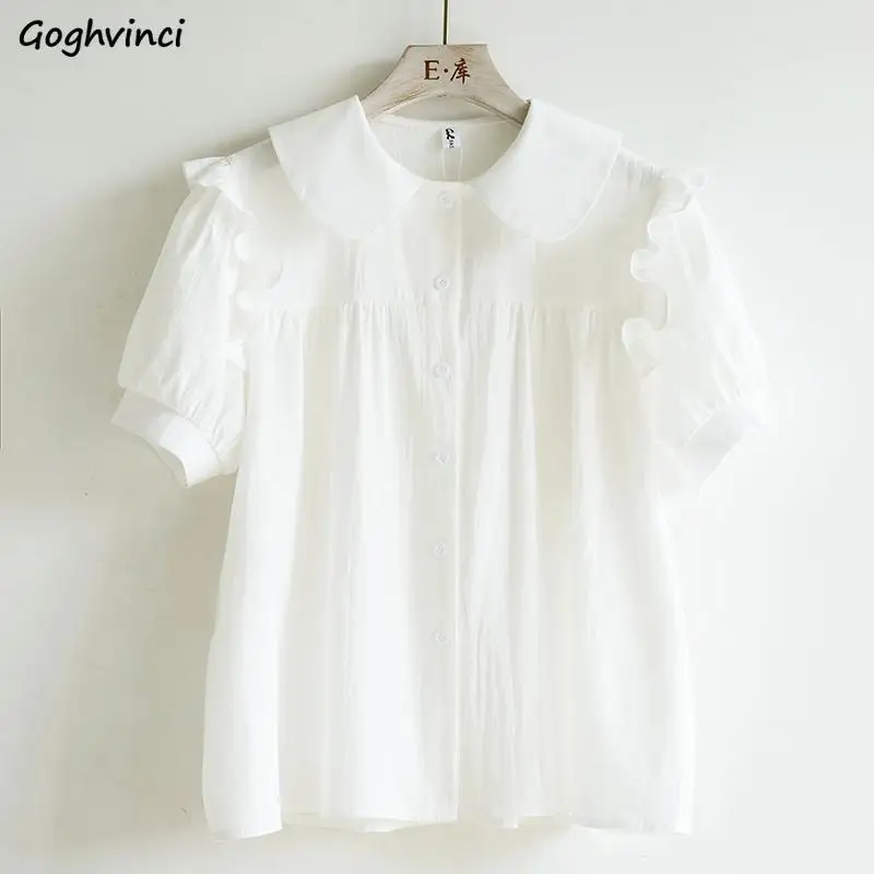 Peter Pan Collar Shirts Women Summer Sweet Lovely Street Wear Loose Short Sleeve Popular Girlish Tender Solid Stylish Chic Young