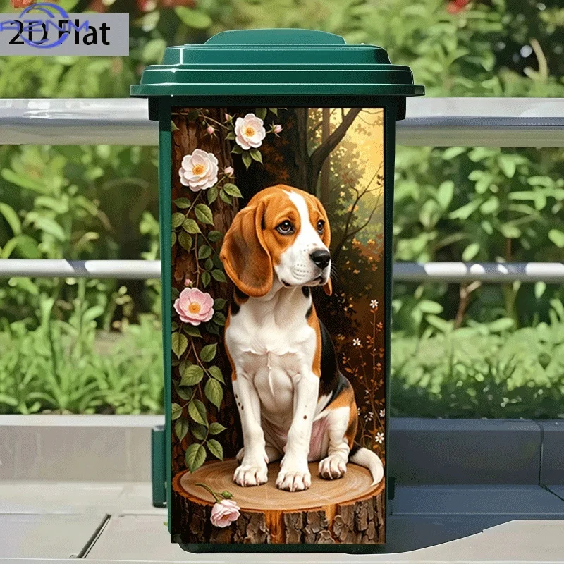 2D Flat Printing 1pc Trash Can Sticker 37×82cm, Beagle Under Flowers Themed Design, Self-Adhesive Wall Decal Wallpaper, Kitche