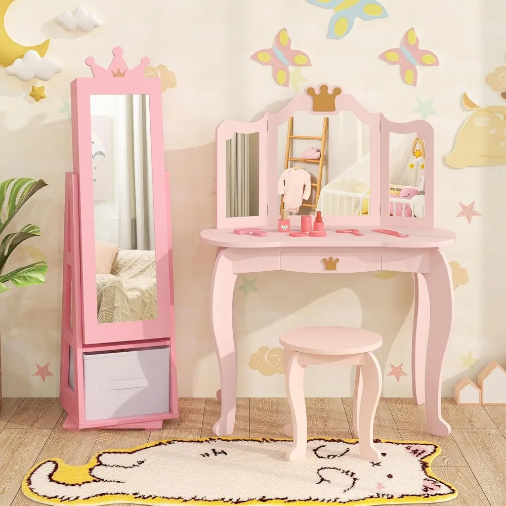 

Jewelry Armoire Cabinet, 360° Swivel Standing Wooden Standing Jewelry Organizer w/Full-length Mirror, 47” Mobile