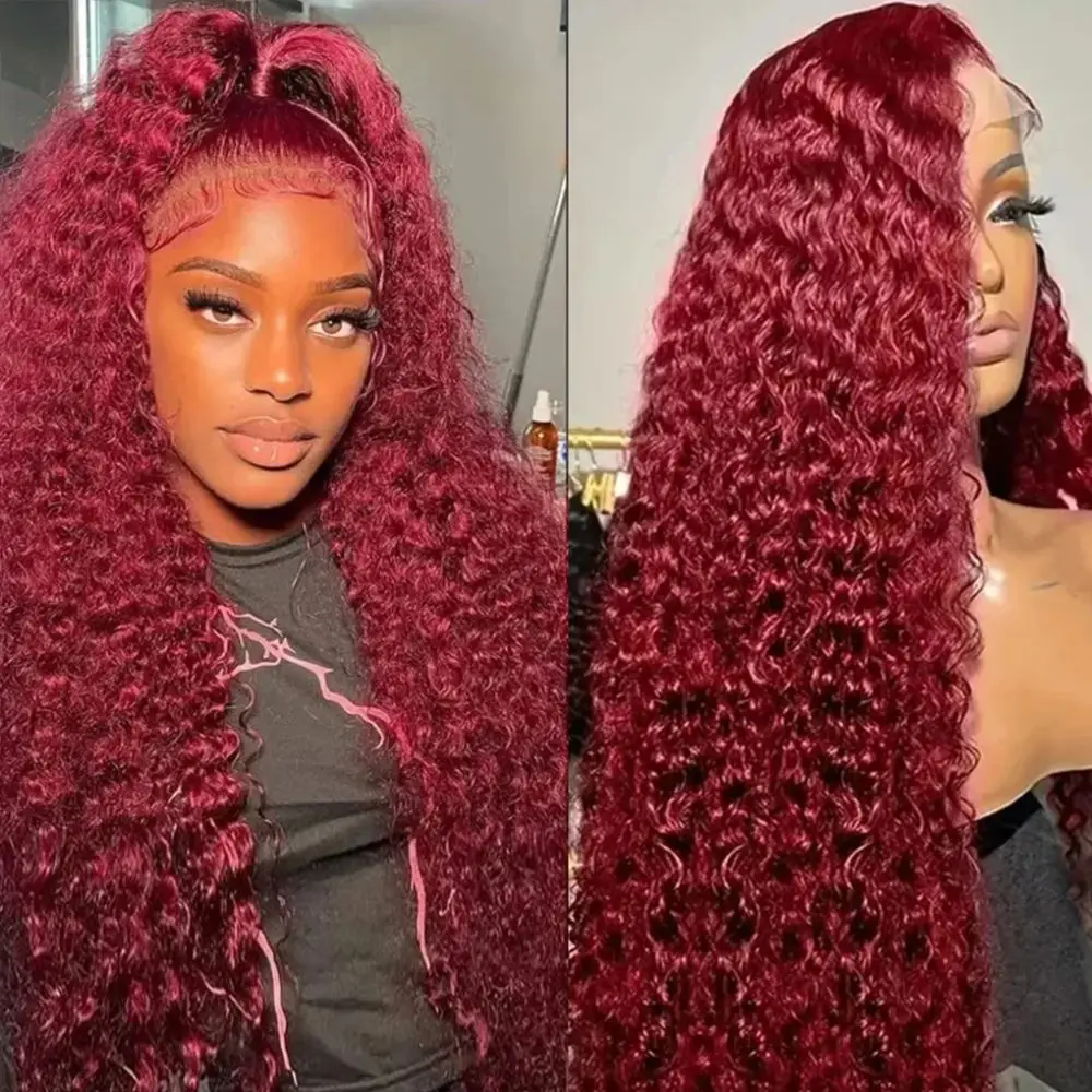 Gesstons Deep Wave Lace Frontal Wigs Red Brazilian 13x4 HD Lace Front Wig 99J Burgundy Water Curly Human Hair Wigs 180 Density