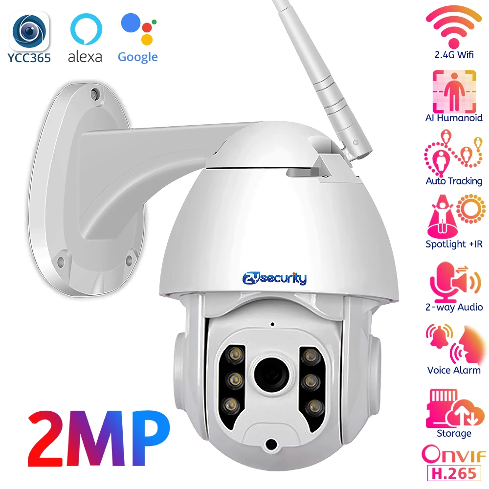 2MP Wifi IP Camera Outdoor Auto Tracking PTZ Camera Color Night Vision 2-way Audio Security Camera work with Alexa and Google