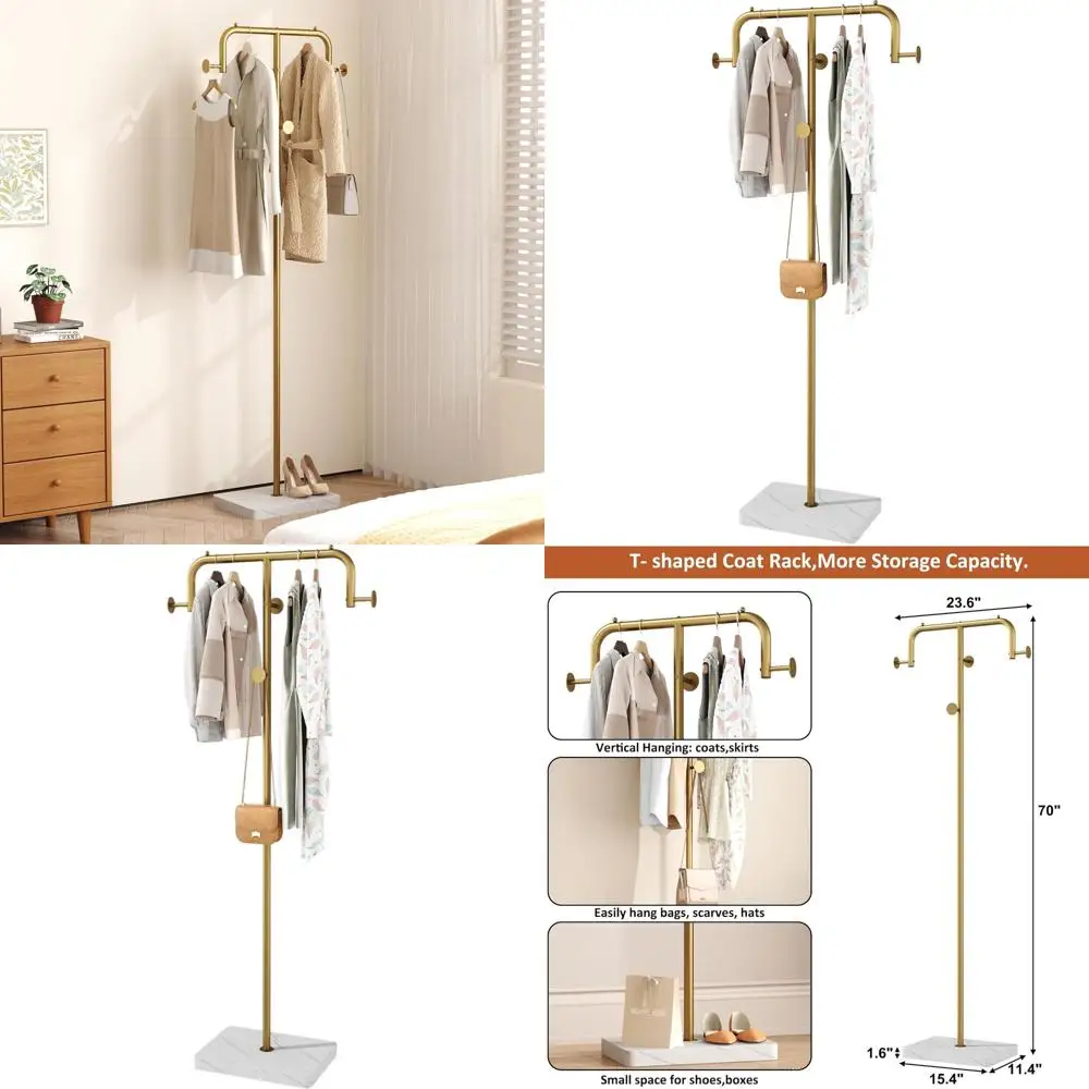 

Freestanding Metal Coat Rack with 4 Hooks for Home, Suitable for Bedroom, Entryway, Living Room, Gold Finish
