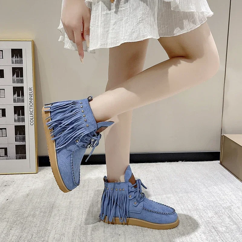 Vintage Tassel Lace-up Ankle Boots for Women Autumn Winter Pointed Toe Cowgirl Boots Woman Suede Western Cowboy Chelsea Boots